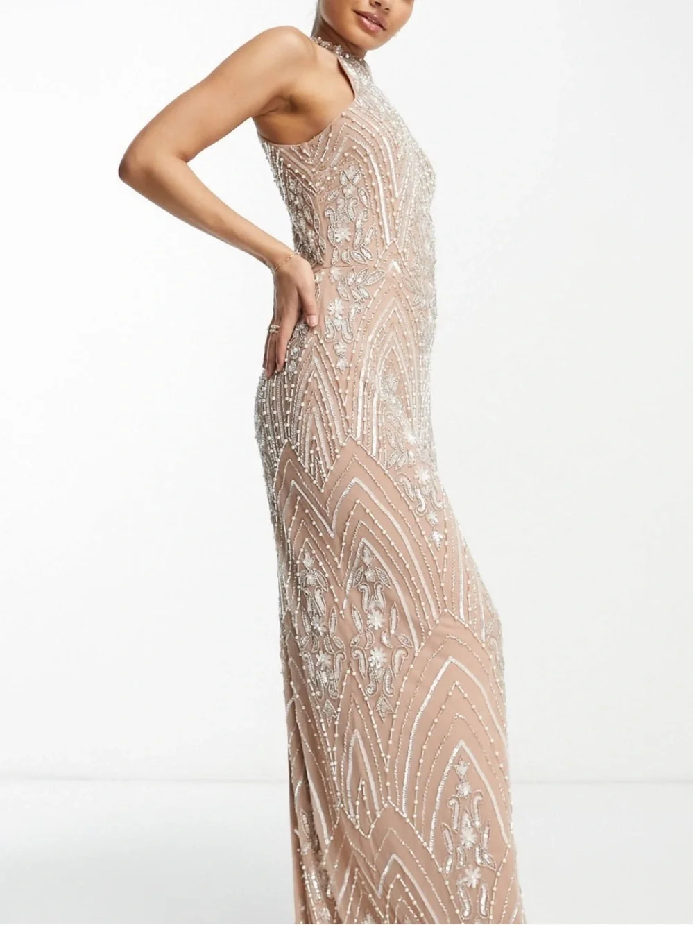 ASOS Champagne Sequin Halter Maxi Dress